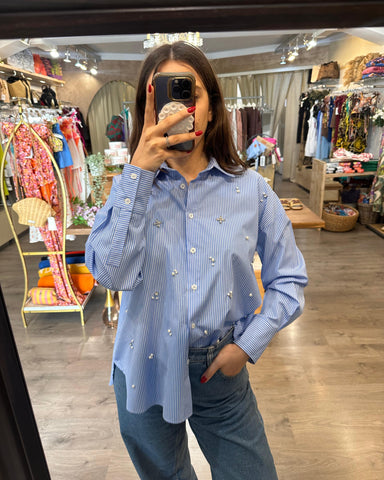 Haveone camicia riga con con perle e strass