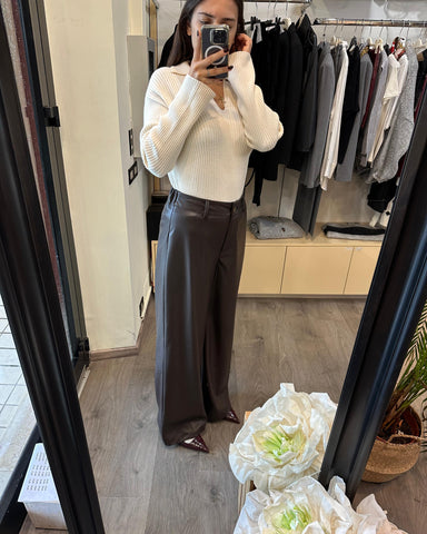 Haveone pantalone dritto elastico ecopelle moro